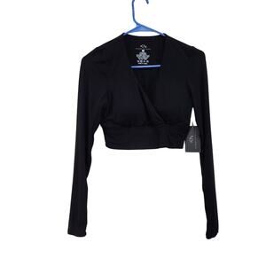 Klassy Network Surplice Long Sleeve Wrap Top Black Built in Bra Brami Medium